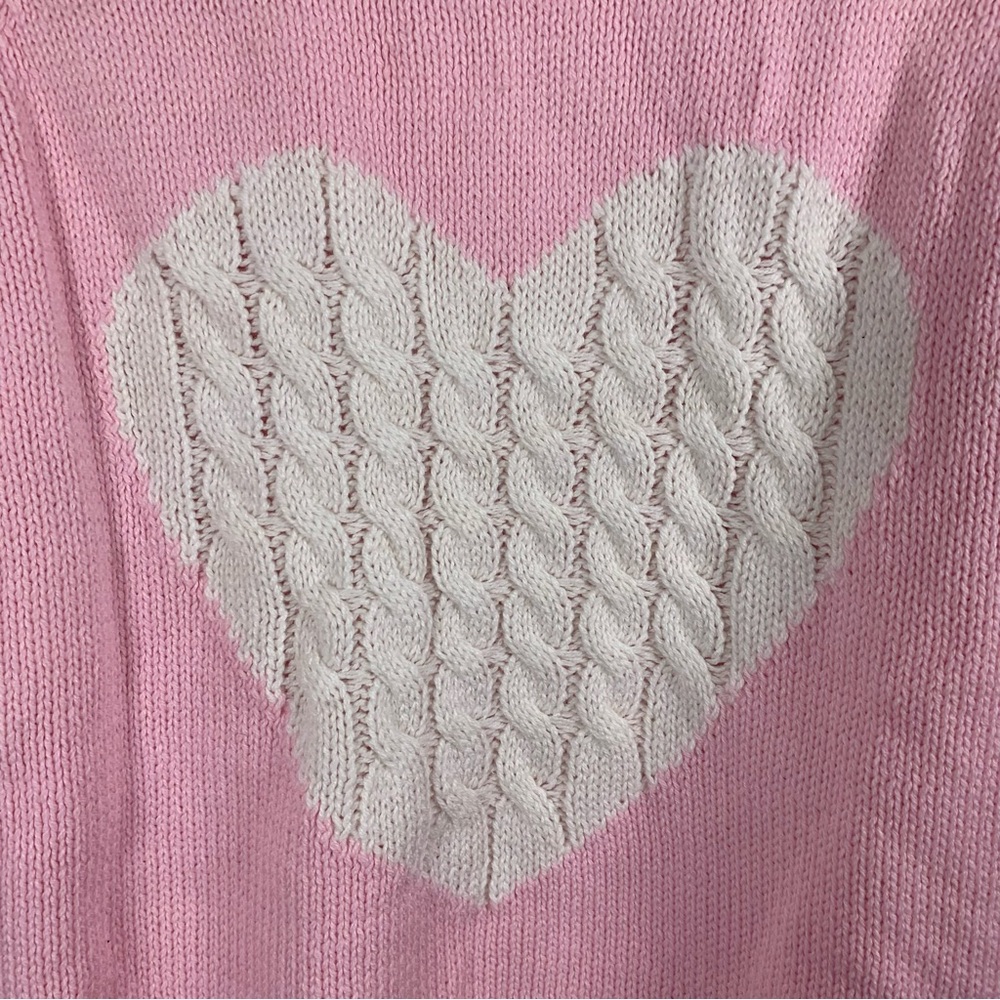 Pink Sweater White‎ Cable Knit Heart Women XS / S Soft Girl Y2K Coquette Pastel - Picture 3 of 10